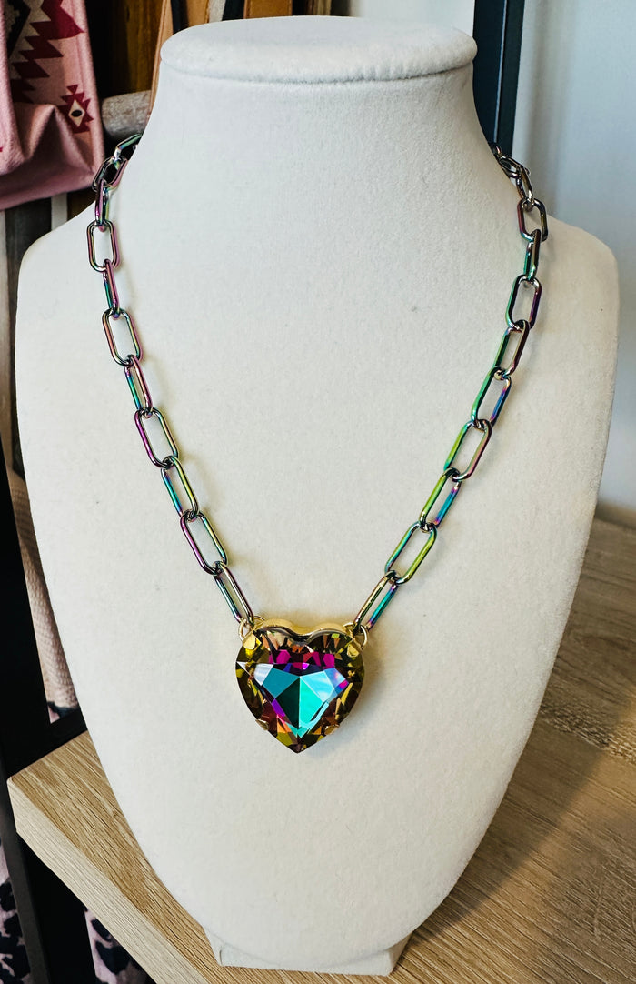 Iridescent Crystal Heart Paperclip Chain Necklace
