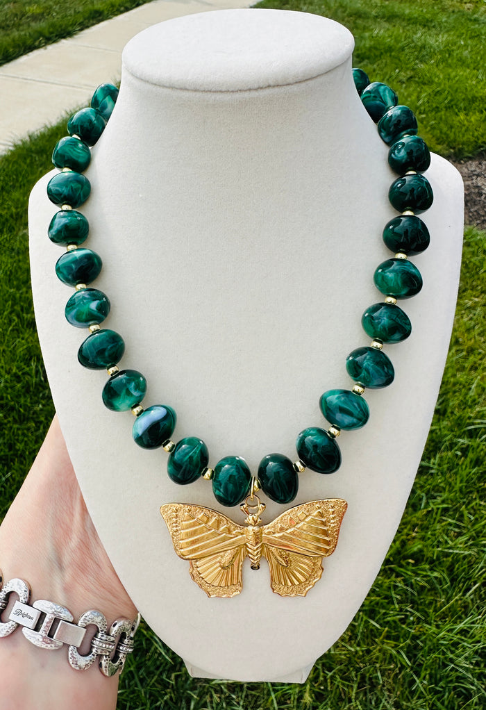 Emerald Wings Beaded Butterfly Statement Necklace