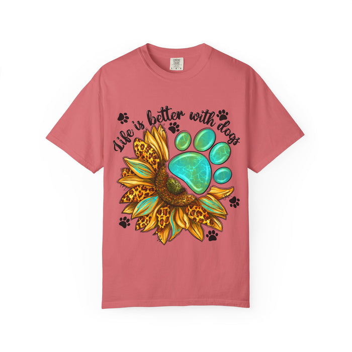 Dog Lover Sunflower T-Shirt — "Life Is Better With Dogs" Paw Print Tee