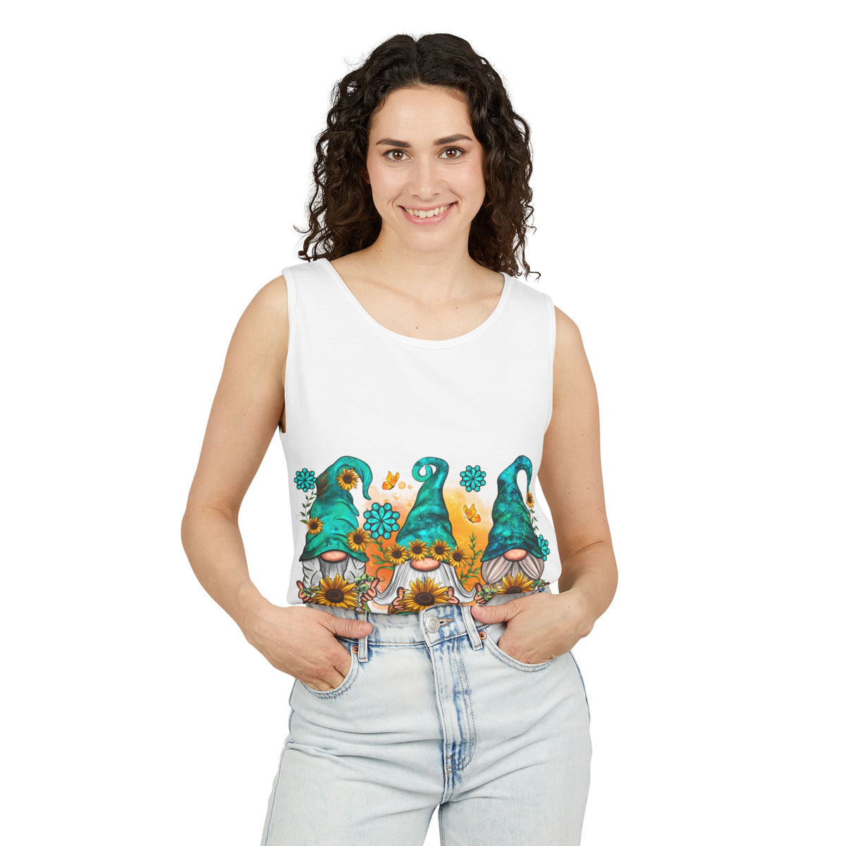 Sunflower Gnomes Tank Top — Summer Floral Garden Gnome Graphic