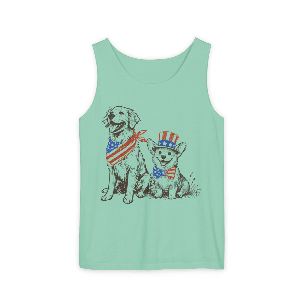 Patriotic Dogs Tank Top — American Flag Golden Retriever & Corgi Fourth of July Tee