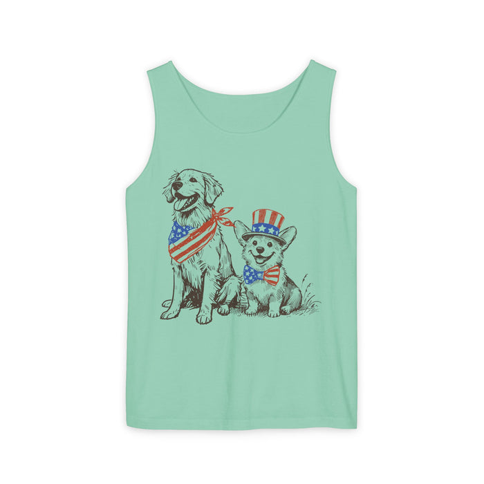 Patriotic Dogs Tank Top — American Flag Golden Retriever & Corgi Fourth of July Tee