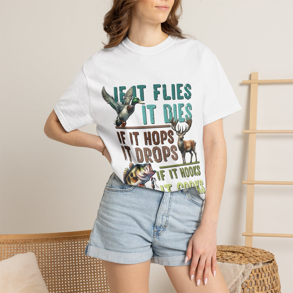 Fishing & Hunting Tee — "If It Flies It Dies, If It Hops It Drops, If It Hooks It Cooks" Graphic T-Shirt