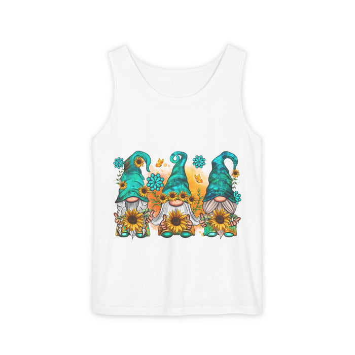 Sunflower Gnomes Tank Top — Summer Floral Garden Gnome Graphic