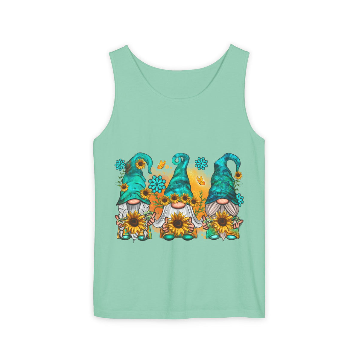 Sunflower Gnomes Tank Top — Summer Floral Garden Gnome Graphic