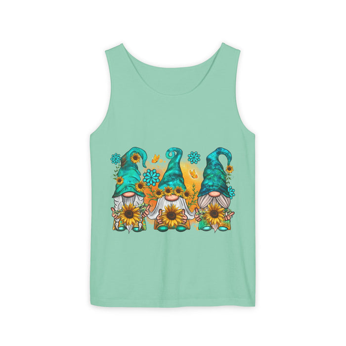 Sunflower Gnomes Tank Top — Summer Floral Garden Gnome Graphic