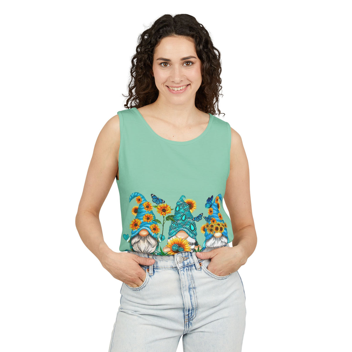 Sunflower Gnome Tank Top — Summer Garden Floral Graphic