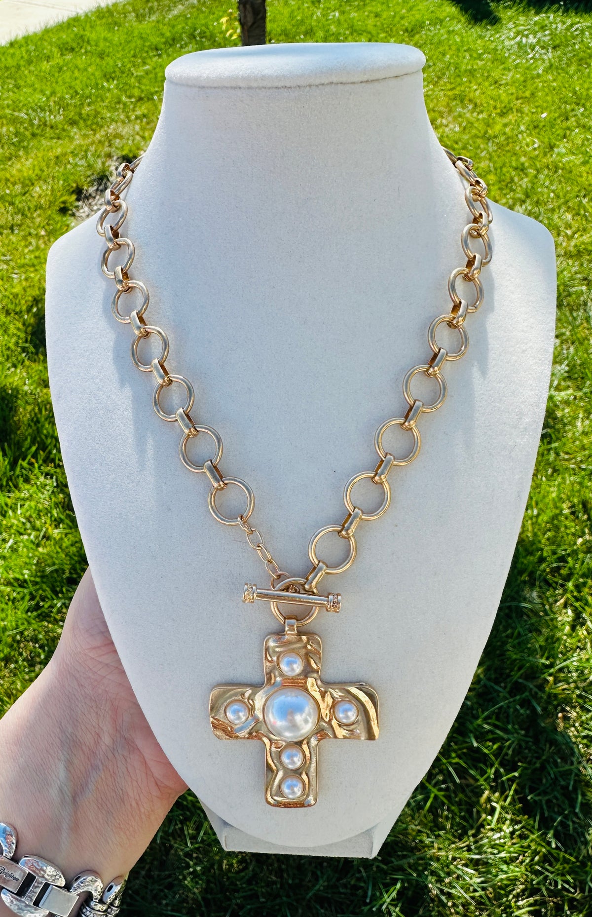 Divine Grace Waterproof Pearl Cross Necklace Gold