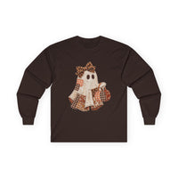 Plaid Patchwork Ghost Long Sleeve Tee — Cute Fall Halloween Shirt