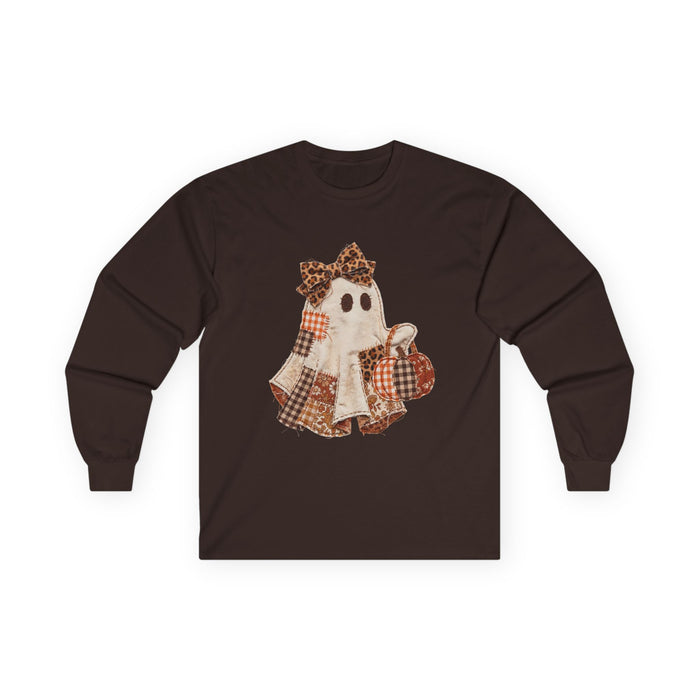 Plaid Patchwork Ghost Long Sleeve Tee — Cute Fall Halloween Shirt