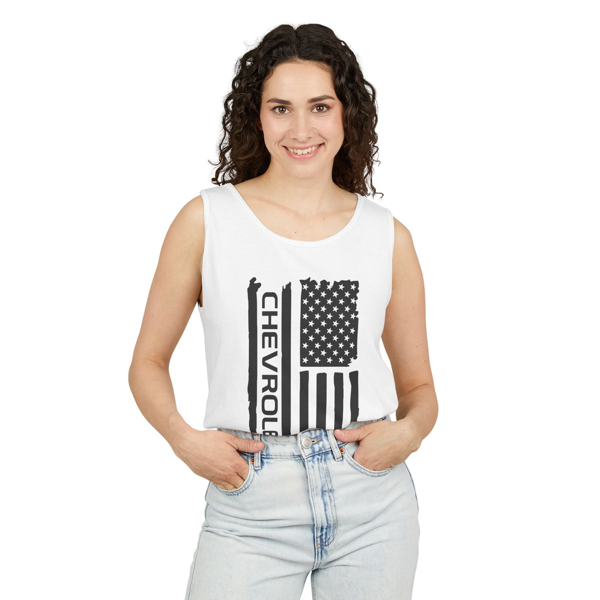 Chevrolet American Flag Tank Top — Distressed Patriotic Muscle Tee