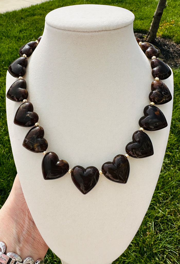 Chocolate Swirl Heart Beaded Statement Necklace