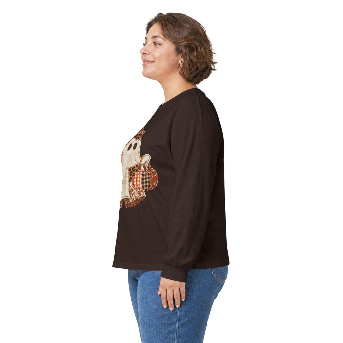 Plaid Patchwork Ghost Long Sleeve Tee — Cute Fall Halloween Shirt