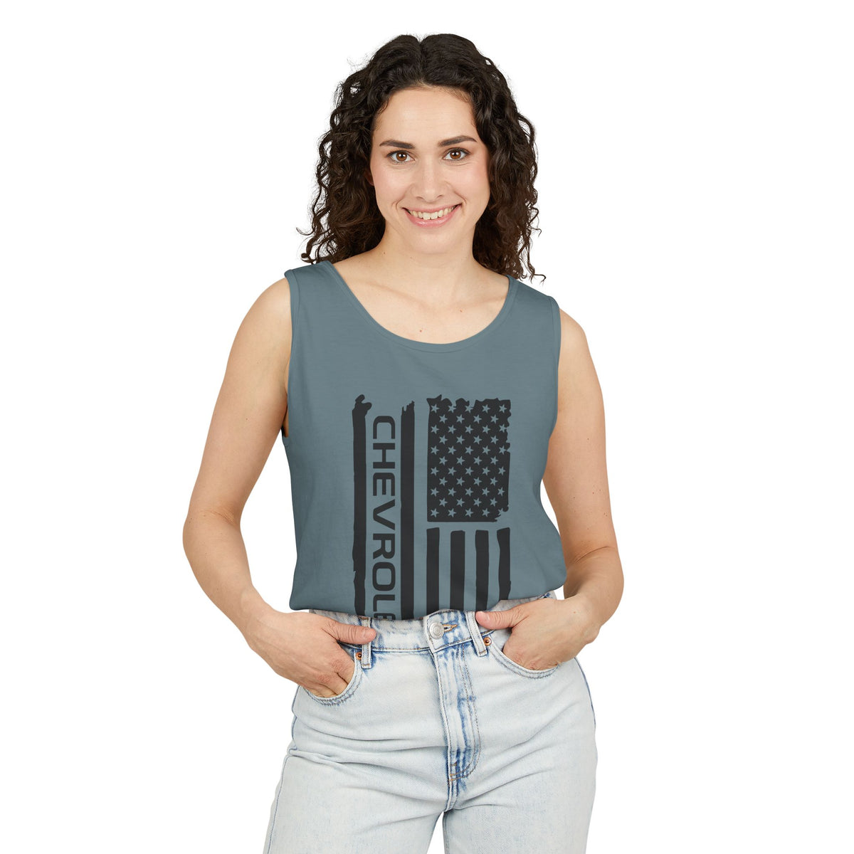 Chevrolet American Flag Tank Top — Distressed Patriotic Muscle Tee