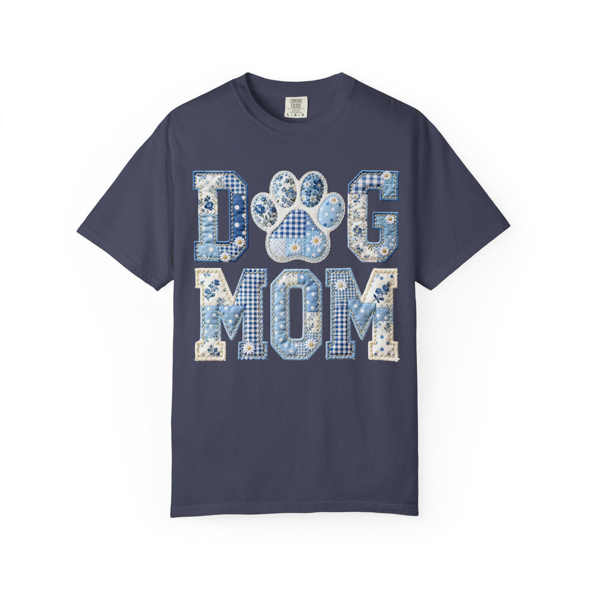 Dog Mom Floral Patchwork T-Shirt – Blue Paw Graphic Tee for Pet Lovers