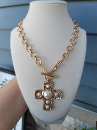 Divine Grace Waterproof Pearl Cross Necklace Gold