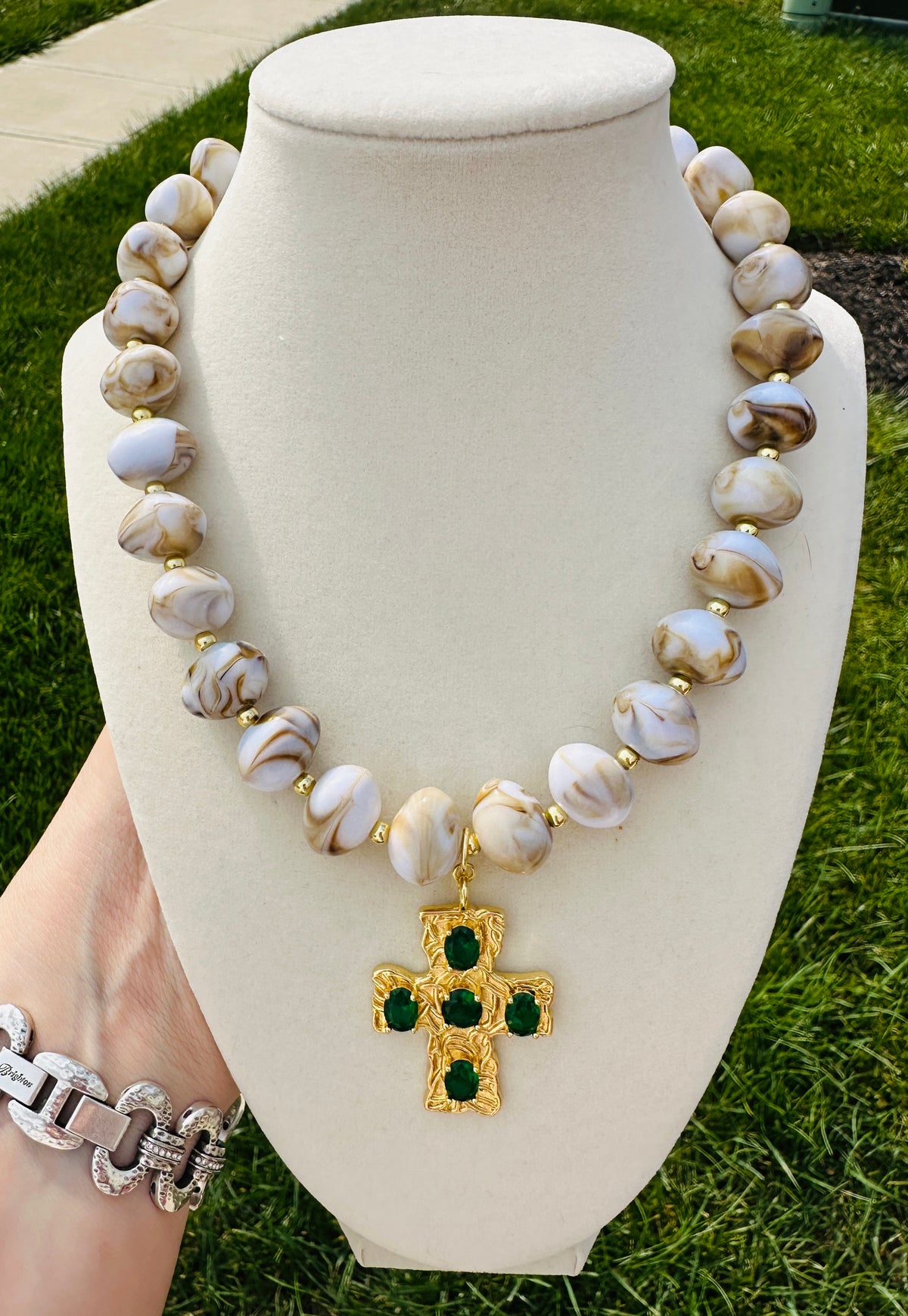 Emerald Grace Beaded Cross Statement Necklace