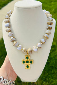 Emerald Grace Beaded Cross Statement Necklace
