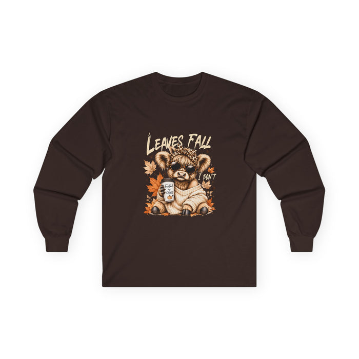 Fall Cozy Bear Long Sleeve Tee — "Leaves Fall" Autumn Graphic Shirt