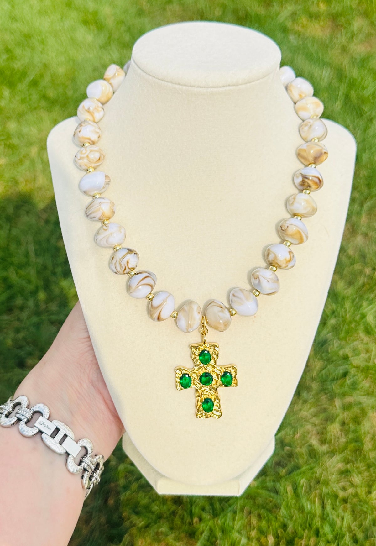 Emerald Grace Beaded Cross Statement Necklace
