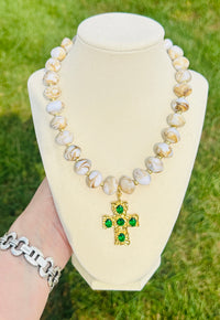Emerald Grace Beaded Cross Statement Necklace