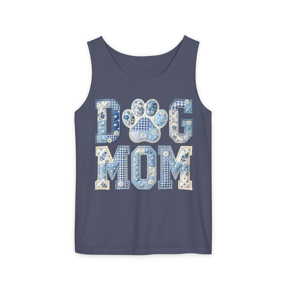 Dog Mom Tank Top — Blue Patchwork Paw Graphic
