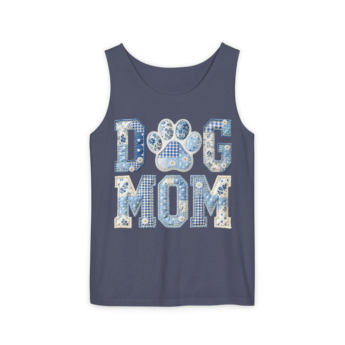 Dog Mom Tank Top — Blue Patchwork Paw Graphic