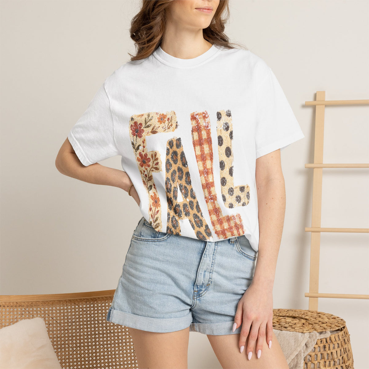 Fall Plaid & Floral T-Shirt — 'FALL' Graphic Seasonal Tee