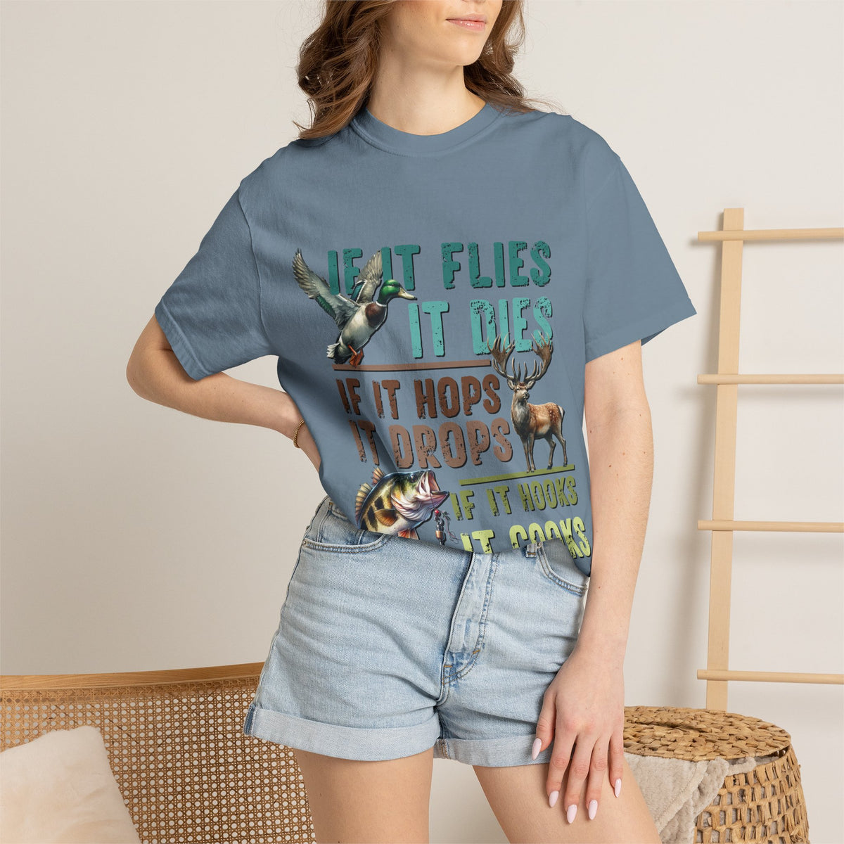 Fishing & Hunting Tee — "If It Flies It Dies, If It Hops It Drops, If It Hooks It Cooks" Graphic T-Shirt