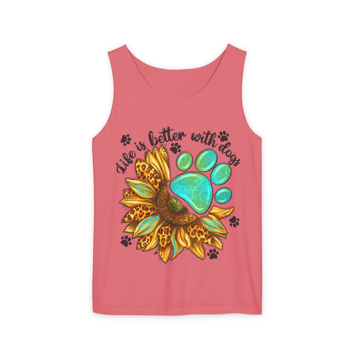 Tank Top — "Life Is Better With Dogs" Sunflower & Paw Graphic (Dog Lover Tank)