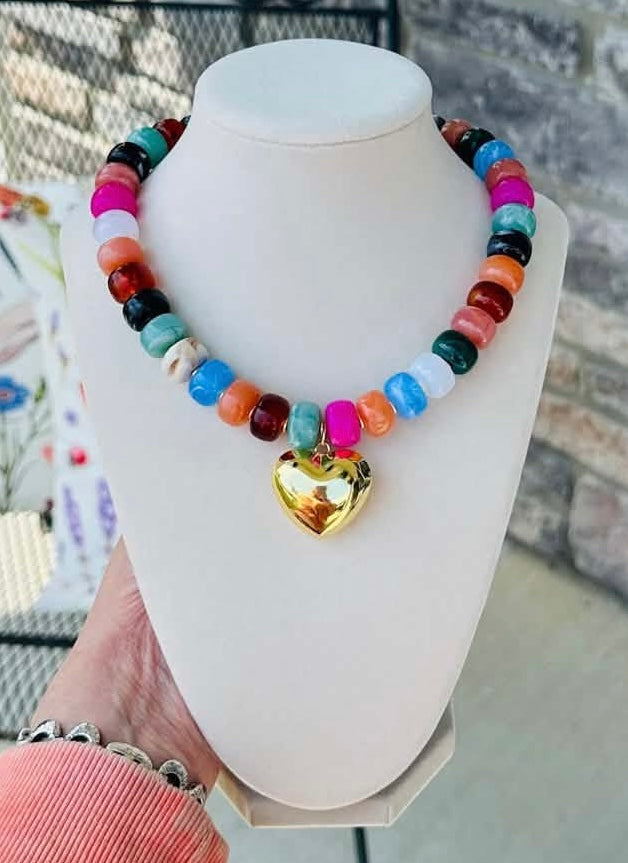 Rainbow Beaded Heart Necklace PREORDER