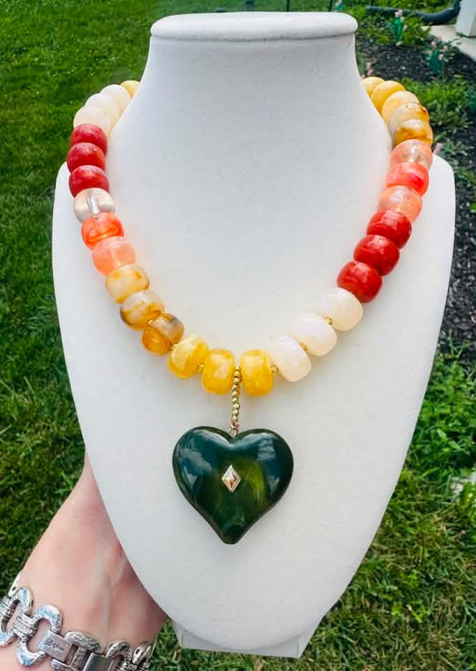 Autumn Ember Beaded Heart Necklace | Fall Statement Jewelry