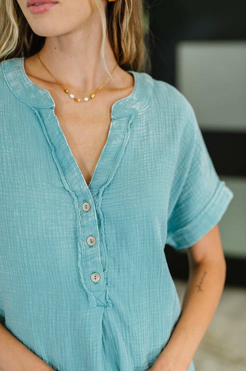 Basic Fade V-Neck Acid Wash Top in Dusty Teal