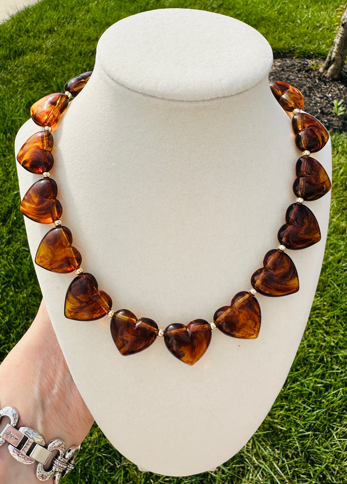 Honey Tortoise Heart Beaded Statement Necklace