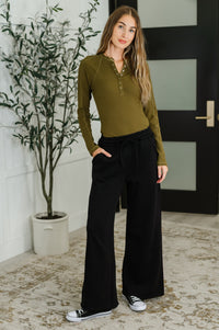 Effortless Edge Knit Henley Top in Camo Green