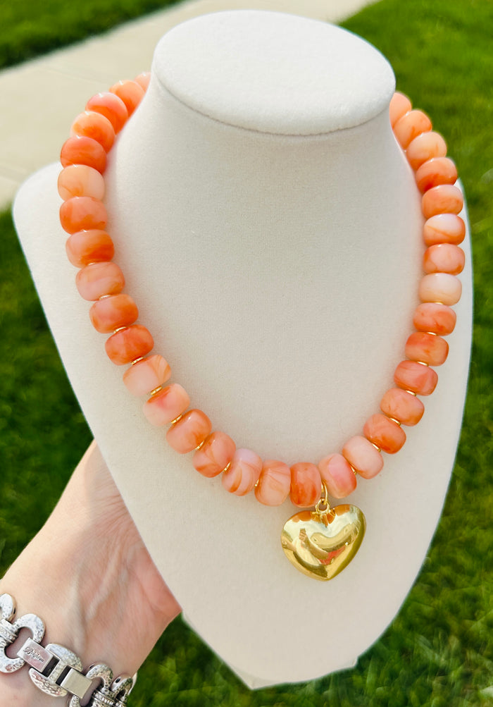 Peach Glow Heart Beaded Statement Necklace
