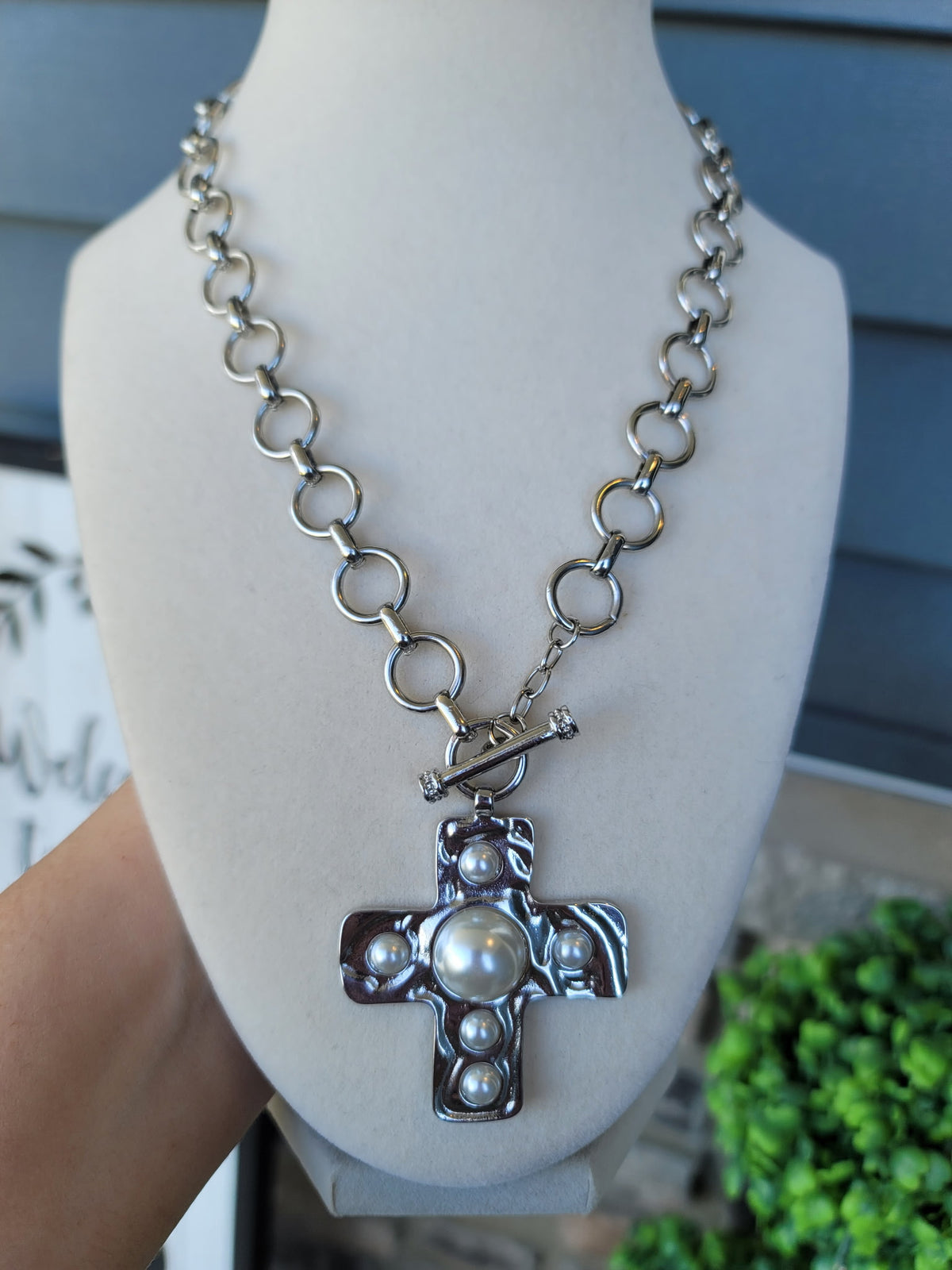 Divine Grace Waterproof Pearl Cross Necklace Silver