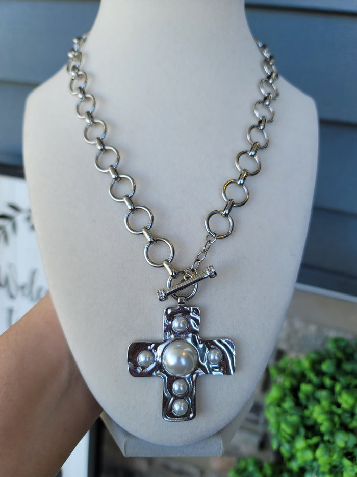 Divine Grace Waterproof Pearl Cross Necklace Silver