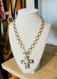 Divine Grace Waterproof Pearl Cross Necklace Gold