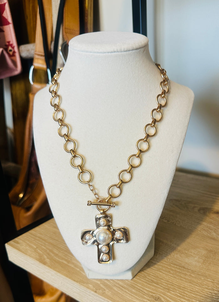 Divine Grace Waterproof Pearl Cross Necklace Gold
