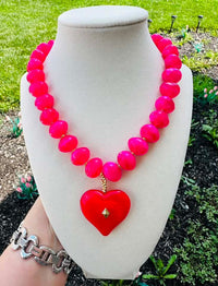 Heart on Fire Hot Pink Beaded Heart Necklace | Statement Jewelry