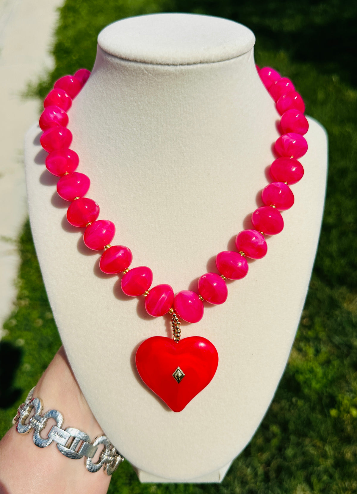 Heart on Fire Hot Pink Beaded Heart Necklace | Statement Jewelry