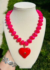 Heart on Fire Hot Pink Beaded Heart Necklace | Statement Jewelry