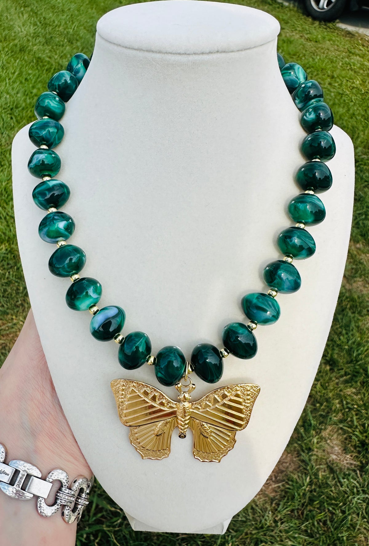 Emerald Wings Beaded Butterfly Statement Necklace