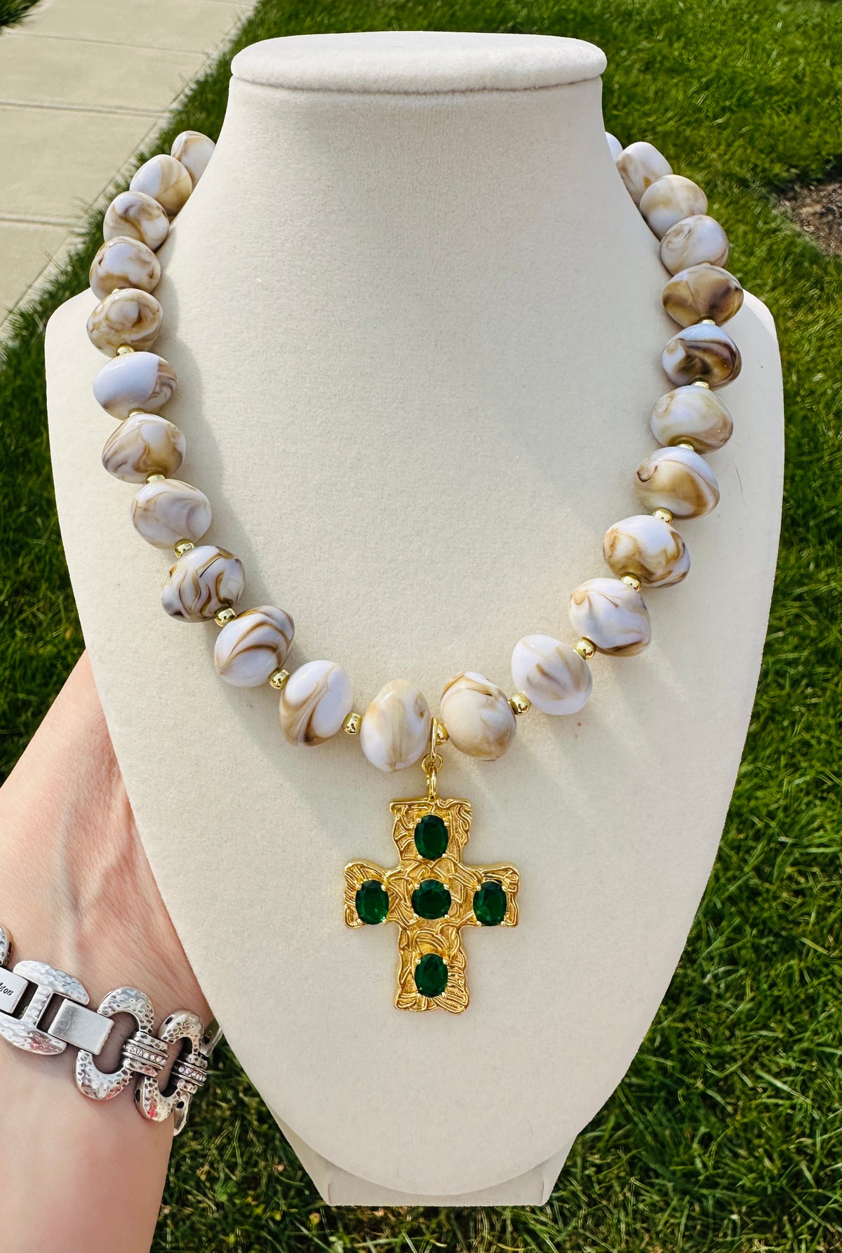 Emerald Grace Beaded Cross Statement Necklace