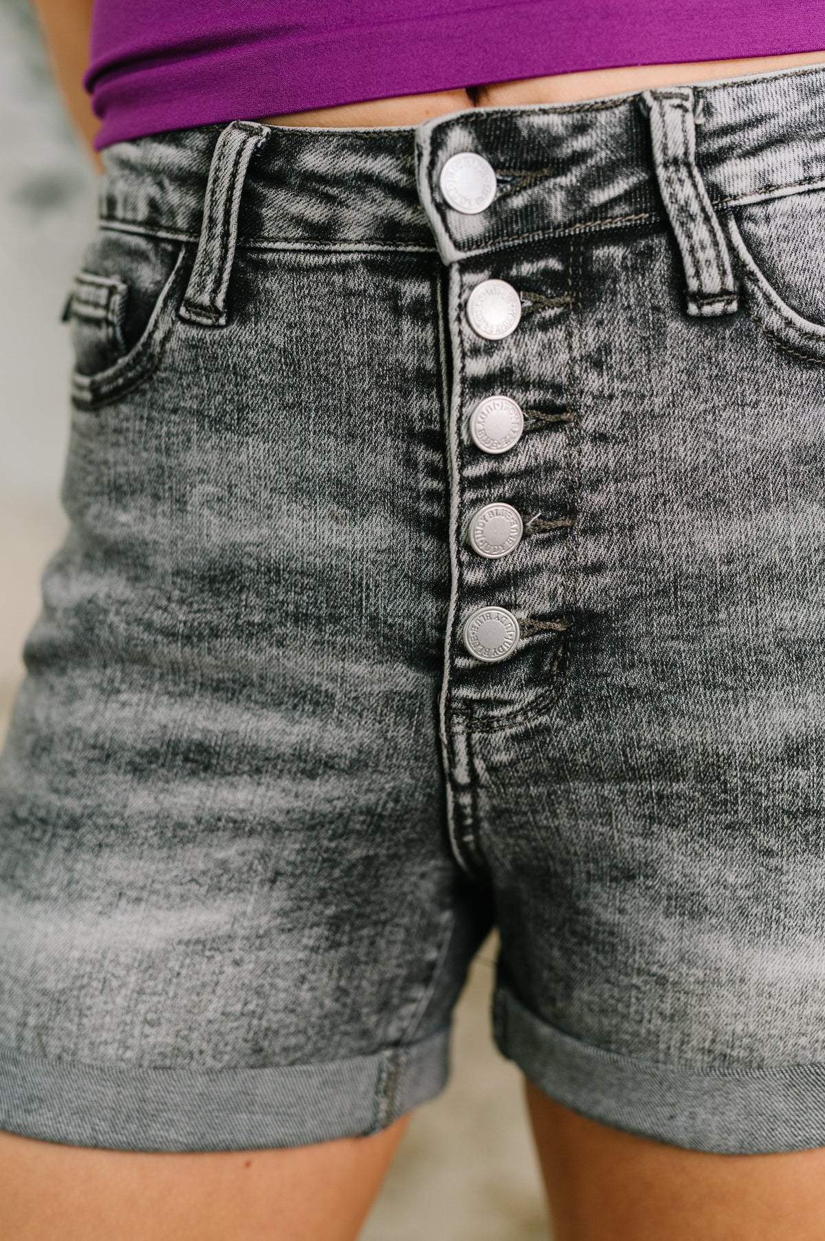 Judy Blue Greyson High Rise Button Fly Cuffed Shorts in Grey