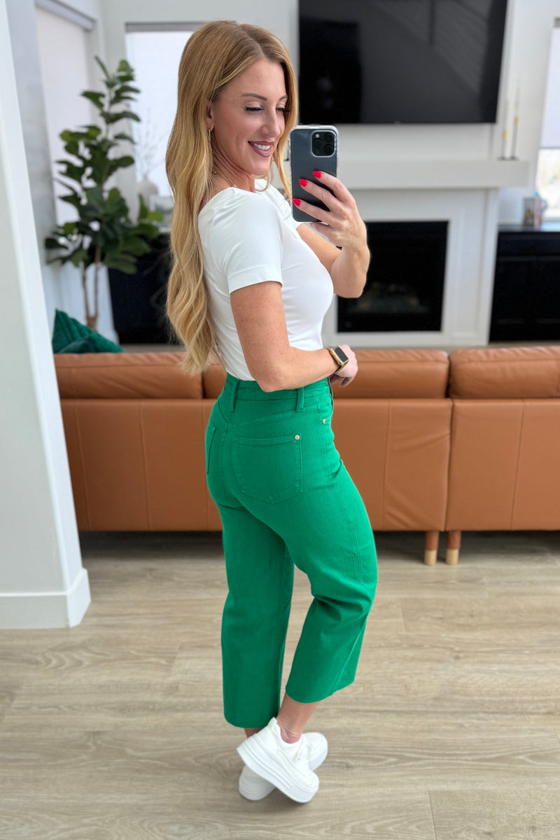 Judy Blue Lisa High Rise Control Top Wide Leg Crop Jeans in Kelly Green