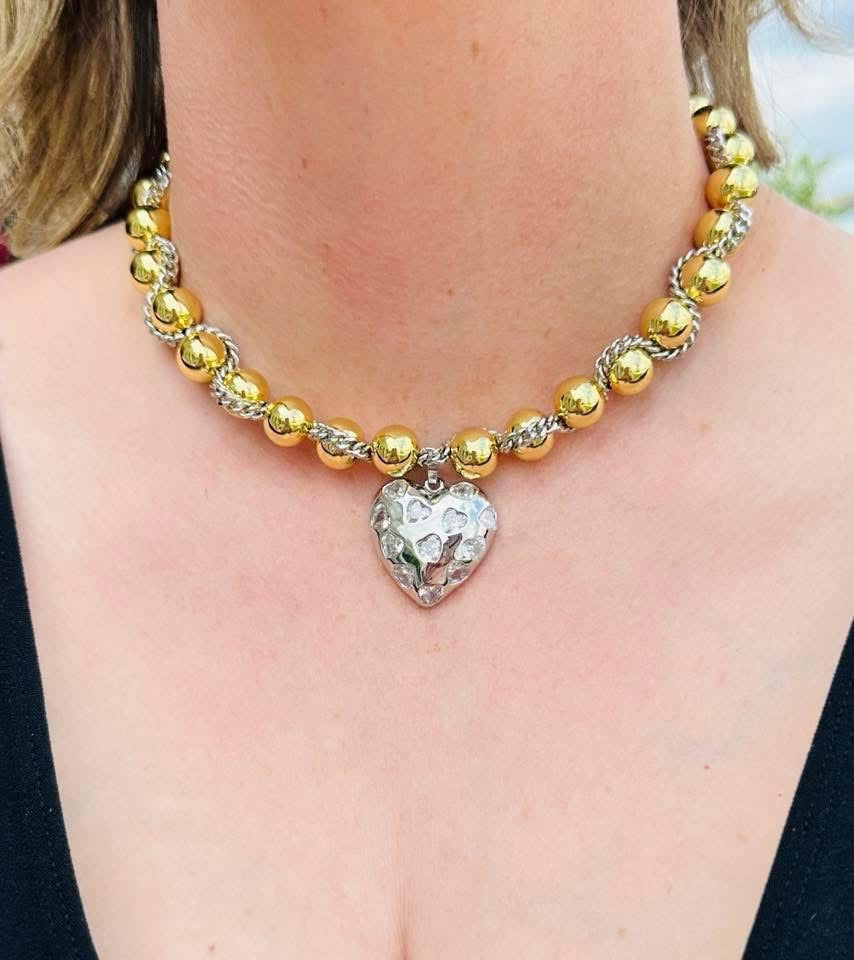 Golden Devotion Mixed Metal Heart Necklace- Silver Heart Combo