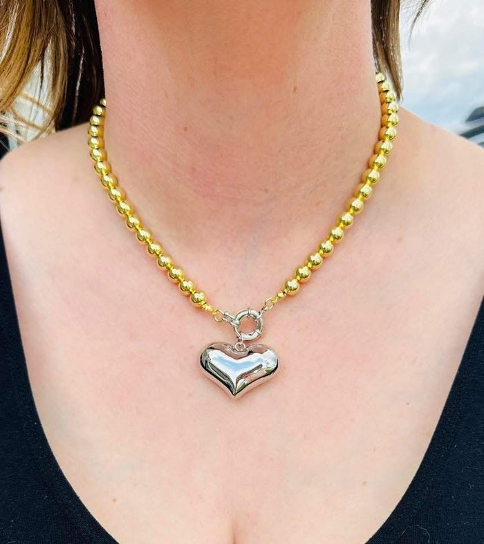 Gold Bead Silver Heart Necklace