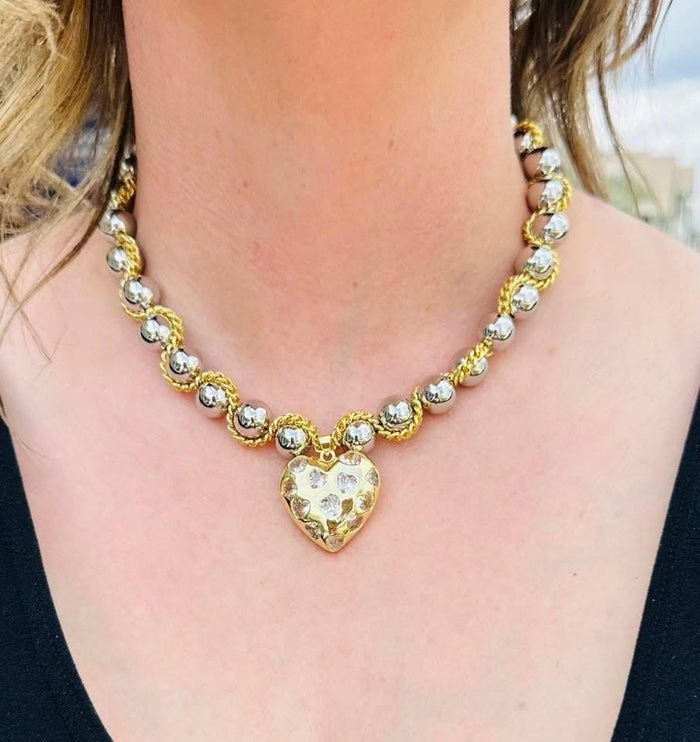 Golden Devotion Mixed Metal Heart Necklace- Gold Heart Combo